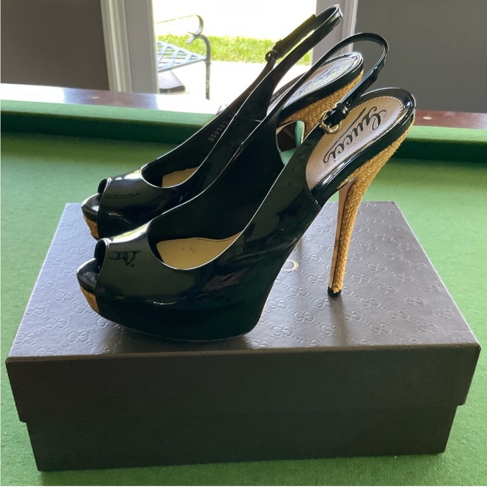 GUCCI Peep Toe Slingback Pump High Heels Patent Leather Black - Picture 3 of 10